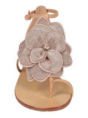 Lola Cruz Nude Leather and Rose Gold Crystal Floral Thong Sandal - Women Size 39